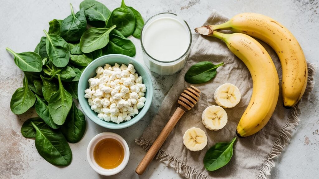 A flat lay of fresh spinach leaves, a bowl of cottage cheese, a glass of milk, bananas, banana slices, honey, and a wooden honey dipper on a light textured surface—perfect ingredients for a Green Cottage Cheese Smoothie.