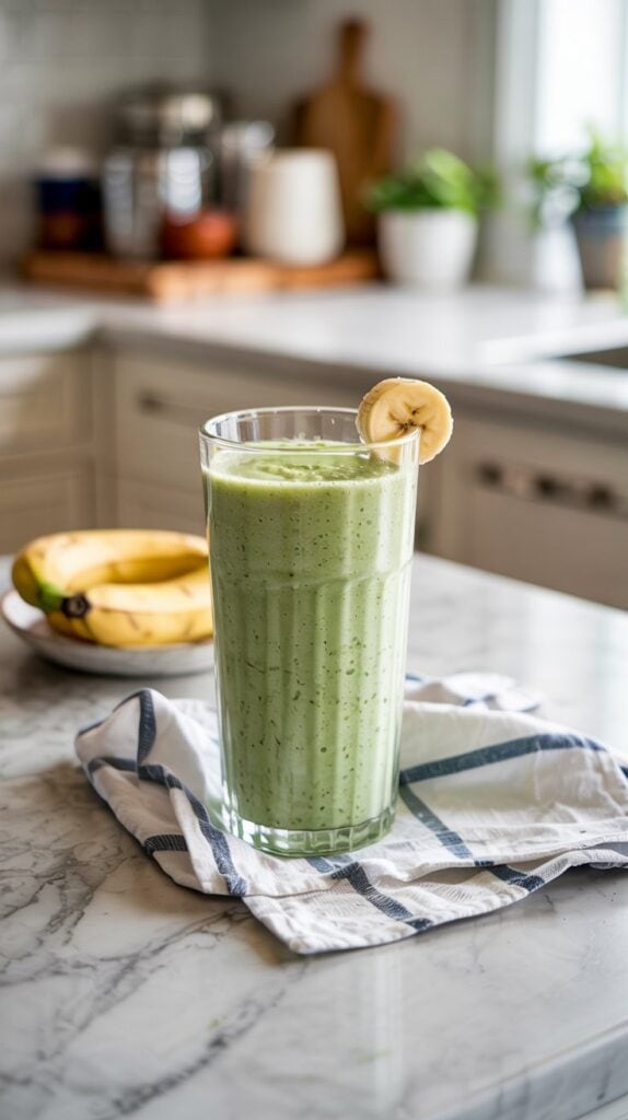A tall glass of high-protein green smoothie garnished with a banana slice sits on a cloth napkin on a marble kitchen counter, featuring cottage cheese smoothies that taste good, with bananas and kitchen items blurred in the background.