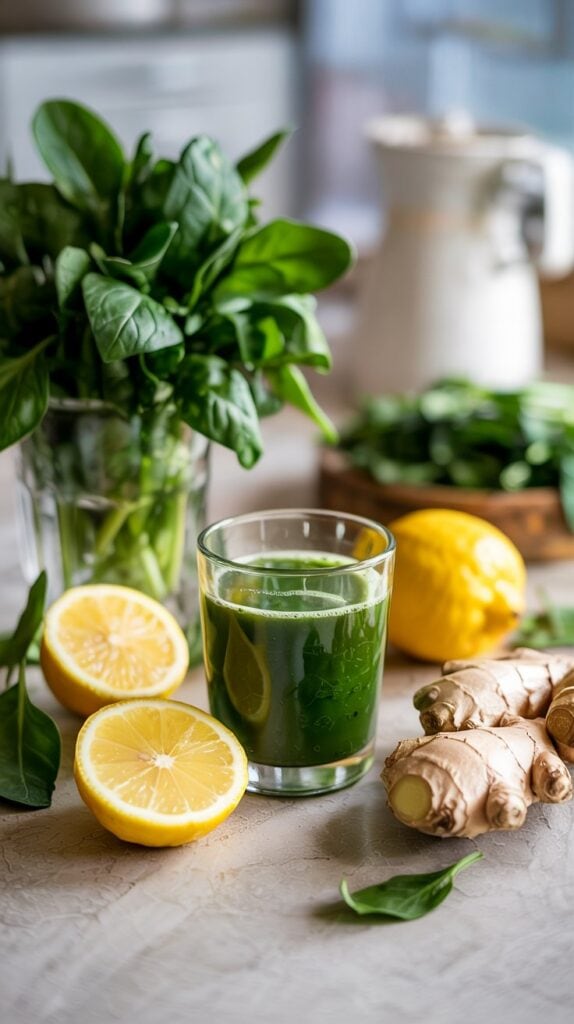 A glass of green juice sits on a table with fresh spinach leaves, two lemon halves, whole lemon, and ginger root—ingredients often found in immunity shots—with a glass pitcher and more spinach in the background.