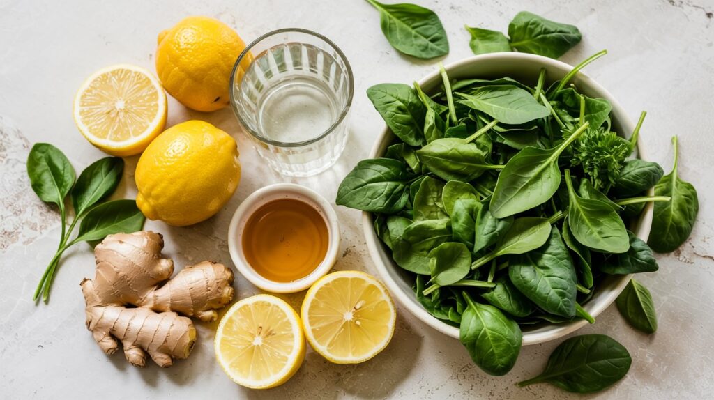 A bowl of fresh spinach leaves, whole and halved lemons, ginger root, a small bowl of honey, and a glass of water are arranged on a light surface—perfect ingredients for homemade Green Immunity Shots.