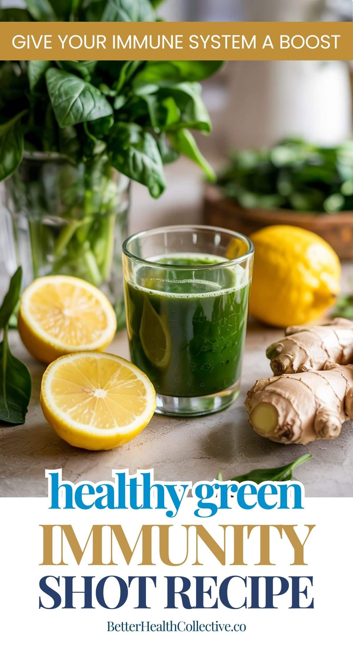 A glass of green juice sits on a table with fresh spinach, lemons, ginger, and a glass jar in the background. Text reads, Give your immune system a boost with Green Immunity Shots. Healthy green immunity shot recipe.