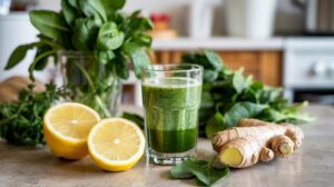 A glass of green smoothie sits on a countertop, surrounded by fresh spinach, basil, a halved lemon, ginger pieces, and Green Immunity Shots. The background is a bright kitchen scene with leafy greens and herbs.