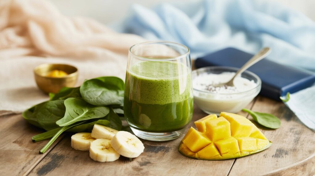 A glass of green smoothie sits on a wooden table, surrounded by fresh spinach leaves, sliced banana, diced mango, a bowl of yogurt with a spoon, and a small bowl of turmeric—perfect inspiration for healthy morning drinks.