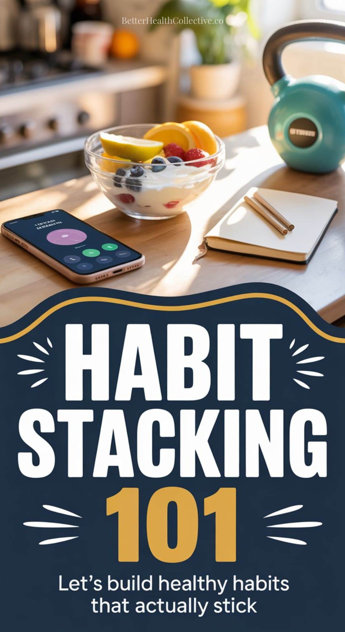 A kitchen counter with a bowl of fruit and yogurt, a smartphone timer, a notebook with pen, and a kettlebell. Text reads: HABIT STACKING 101—Let’s build simple habits that actually stick.