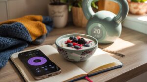 A bowl of yogurt with fresh berries sits on an open notebook next to a phone displaying a timer, a 20-pound kettlebell, and a blue knitted blanket—perfect for habit stacking and building simple habits on your wellness journey.