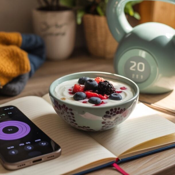 A bowl of yogurt with fresh berries sits on an open notebook next to a phone displaying a timer, a 20-pound kettlebell, and a blue knitted blanket—perfect for habit stacking and building simple habits on your wellness journey.