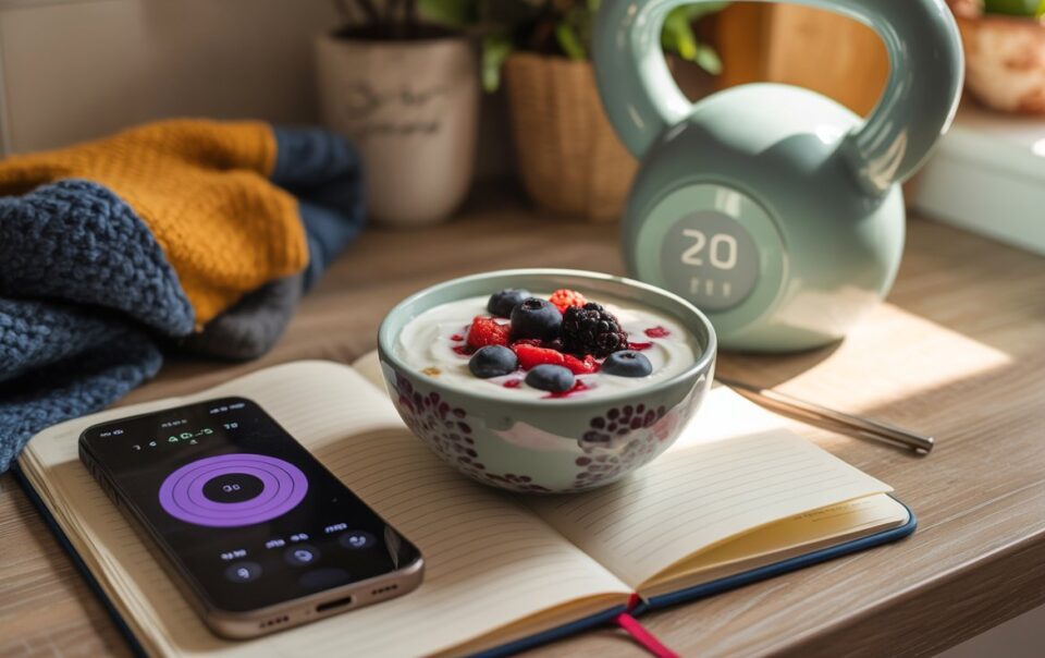 A bowl of yogurt with fresh berries sits on an open notebook next to a phone displaying a timer, a 20-pound kettlebell, and a blue knitted blanket—perfect for habit stacking and building simple habits on your wellness journey.