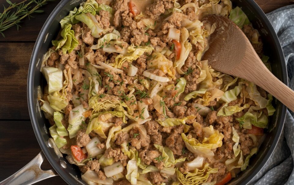 A skillet filled with cooked ground turkey, chopped cabbage, and diced vegetables, with a wooden spoon resting inside. The dish appears hearty and well-seasoned, sitting on a dark wooden surface with a cloth nearby.