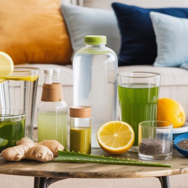 A round table with healthy morning drinks like green juice and lemon water sits beside ginger root, chia seeds, aloe leaf, halved lemons, and an orange. Glass bottles and a sofa with colorful cushions are in the background.