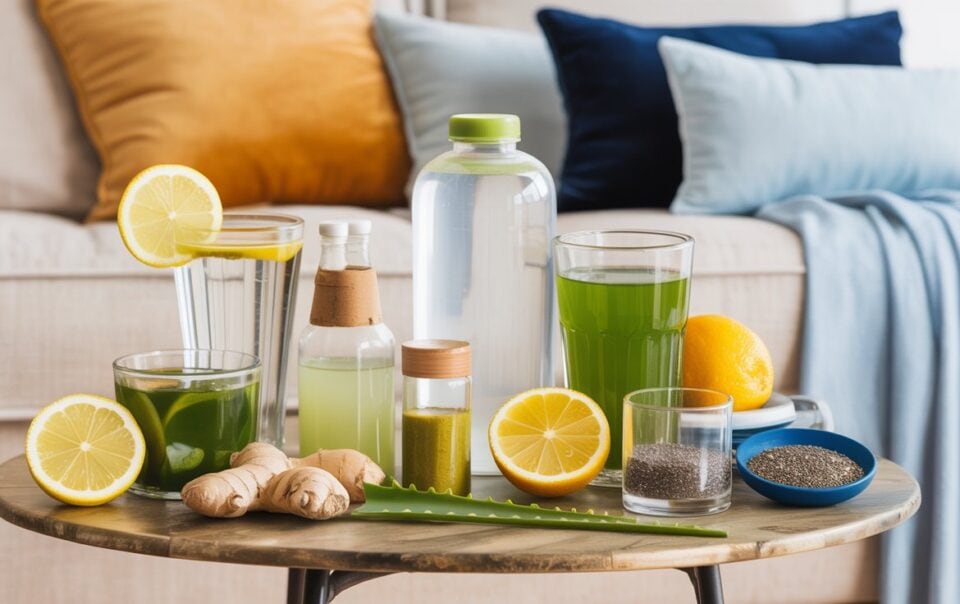 A round table with healthy morning drinks like green juice and lemon water sits beside ginger root, chia seeds, aloe leaf, halved lemons, and an orange. Glass bottles and a sofa with colorful cushions are in the background.
