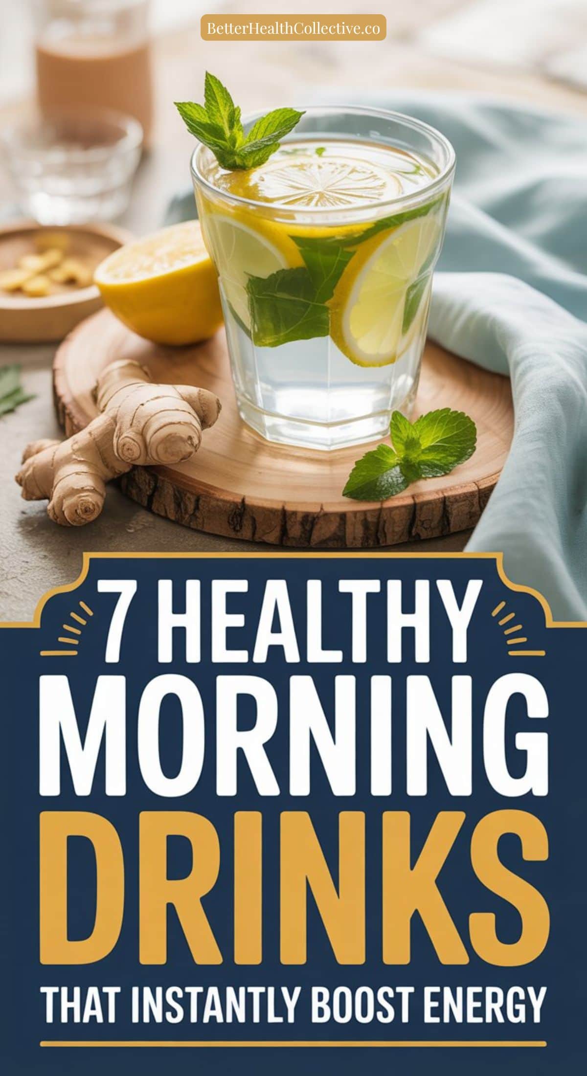 A glass of lemon and mint water sits on a wooden board with fresh ginger, lemon slices, and mint leaves. Text below reads: 7 healthy morning drinks that instantly boost energy.