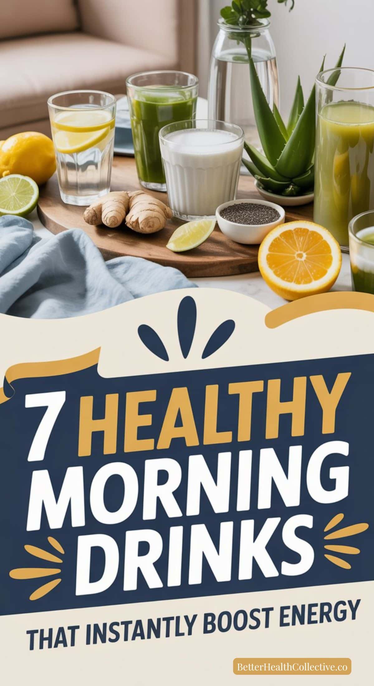 A table with various healthy morning drinks, including green juice and lemon water, surrounded by fresh ginger, lemons, and herbs. Text reads: “7 Healthy Morning Drinks That Instantly Boost Energy.”.