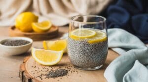A glass of chia seed pudding garnished with lemon slices sits on a wooden board with lemon wedges, a small bowl of chia seeds, and a cloth napkin nearby—perfect as part of a science-backed Natural Ozempic drink recipe.