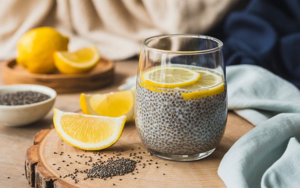 A glass of chia seed pudding garnished with lemon slices sits on a wooden board with lemon wedges, a small bowl of chia seeds, and a cloth napkin nearby—perfect as part of a science-backed Natural Ozempic drink recipe.