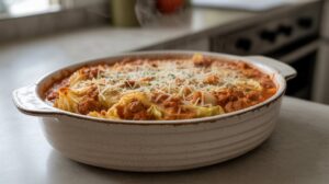 A casserole dish filled with lasagna rolls topped with tomato sauce, ground meat, and melted cheese sits on a kitchen counter near a stove. Steam rises from the hot dish.