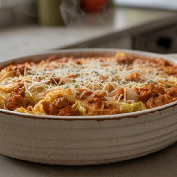 A casserole dish filled with lasagna rolls topped with tomato sauce, ground meat, and melted cheese sits on a kitchen counter near a stove. Steam rises from the hot dish.