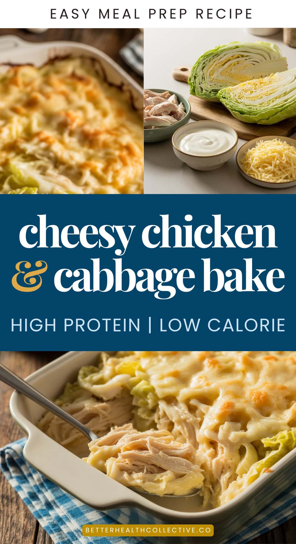 Collage showing a cheesy chicken and cabbage bake in a dish, shredded chicken, cabbage, shredded cheese, and sauce on a table. Text overlay reads: Cheesy Chicken & Cabbage Bake. Perfect for meal prep—high-protein and low calorie!.