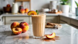 A peach smoothie in a glass is garnished with a peach slice and mint. Whole and sliced peaches rest nearby on a marble countertop, bringing cottage cheese creaminess to this bright, modern kitchen scene.