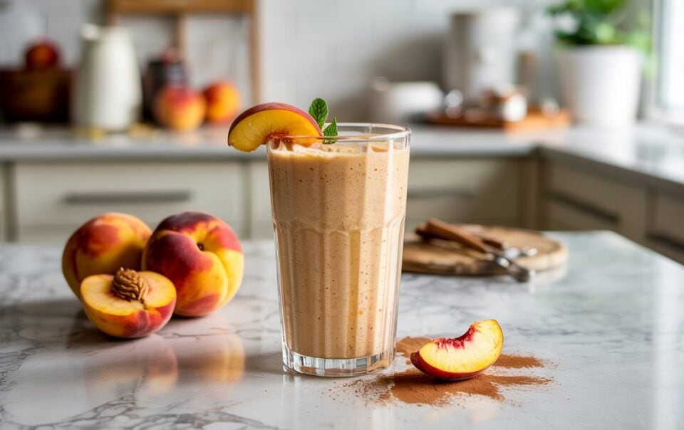 A peach smoothie in a glass is garnished with a peach slice and mint. Whole and sliced peaches rest nearby on a marble countertop, bringing cottage cheese creaminess to this bright, modern kitchen scene.