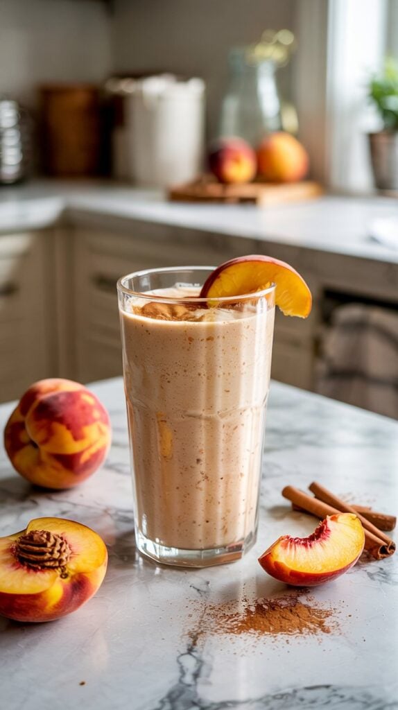 A tall glass of creamy peach smoothie, made with cottage cheese for a high-protein boost, is garnished with a peach slice on a marble countertop, surrounded by fresh peaches, cinnamon sticks, and cinnamon powder in a bright kitchen setting.