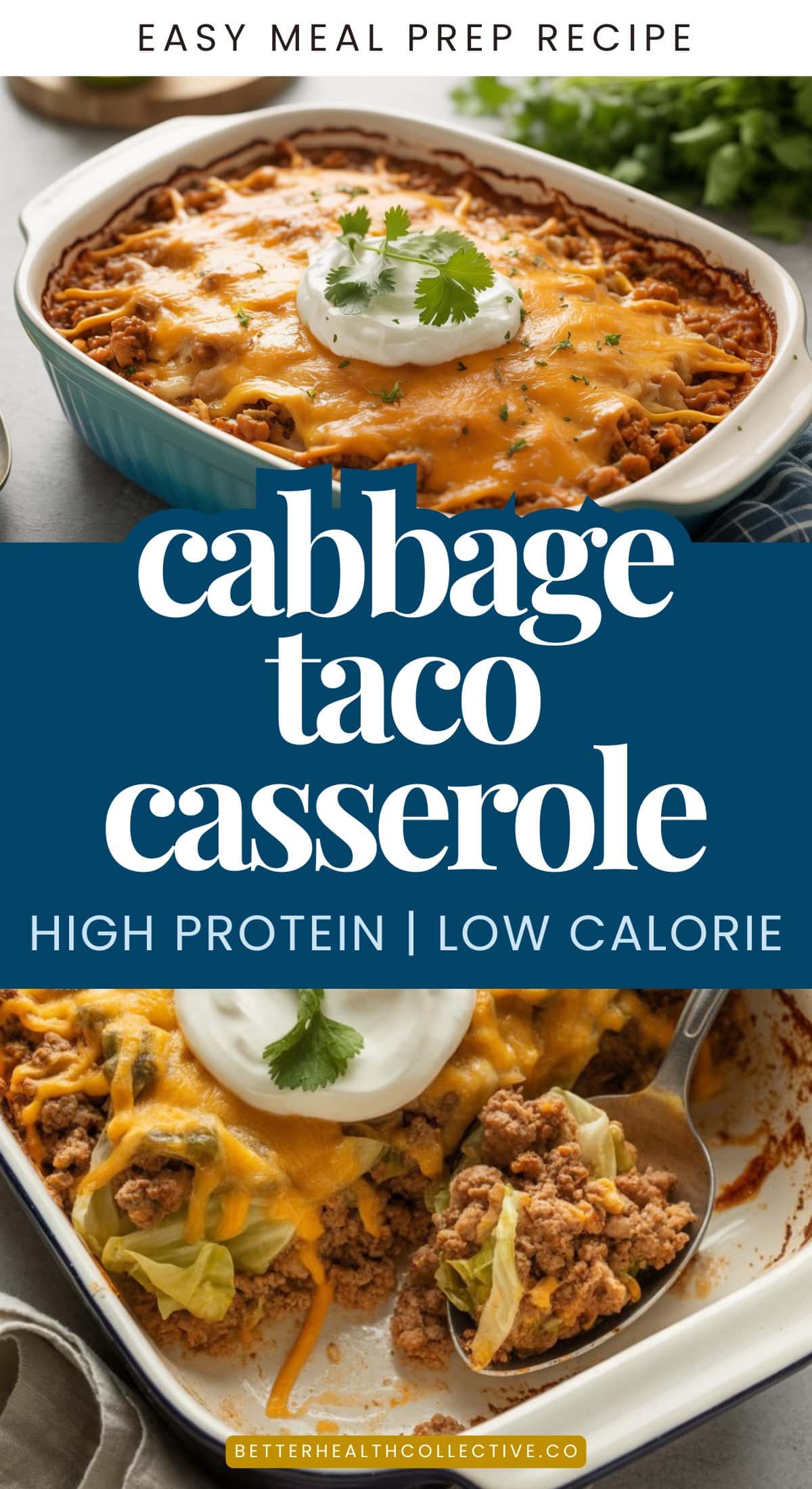 A cheesy Cabbage Taco Casserole in a baking dish, loaded with melted cheese and cilantro—shown close-up with sour cream and avocado. Text reads: “Cabbage Taco Casserole. High-Protein | GLP-1 Friendly.”.