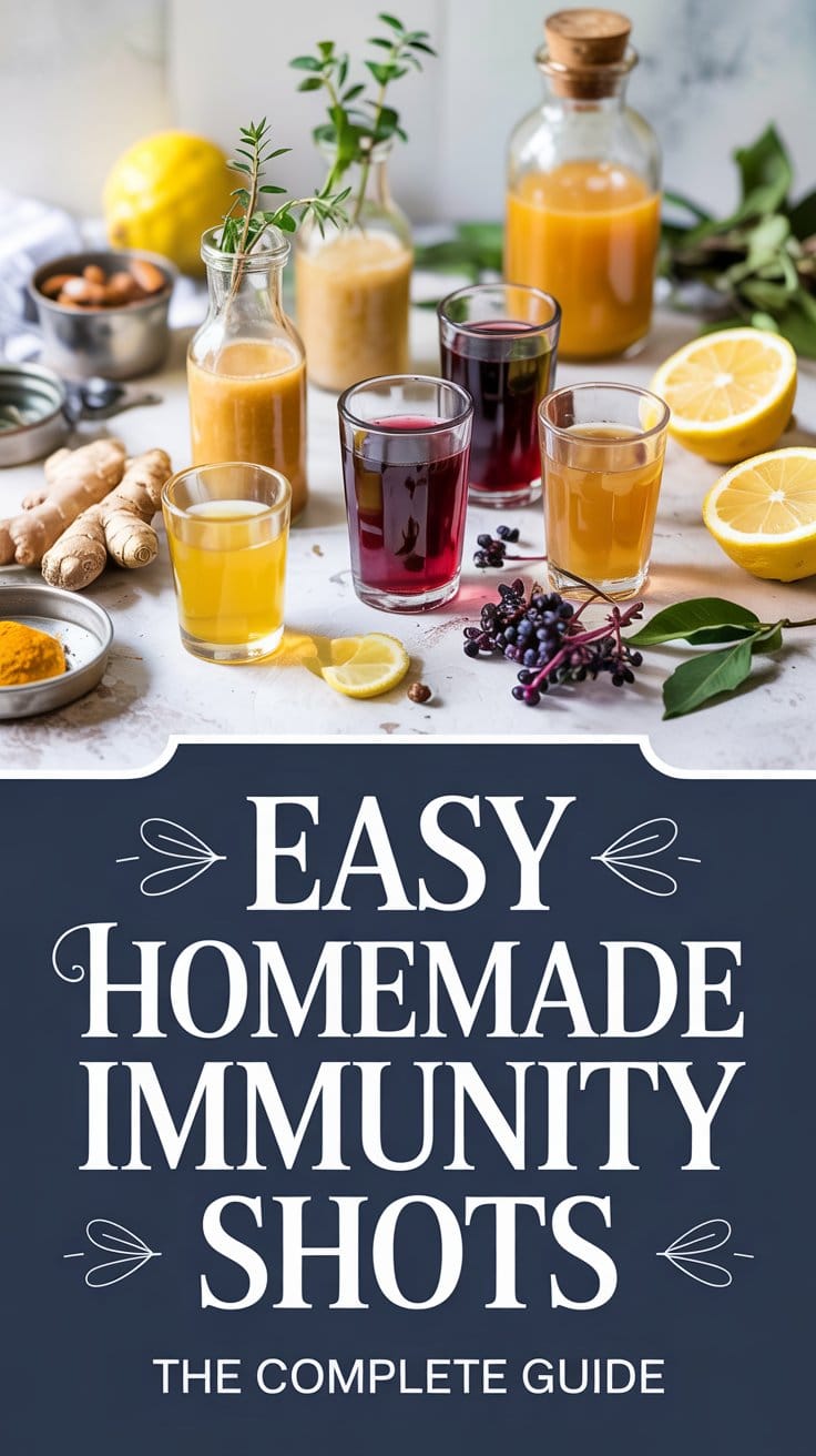 A variety of colorful homemade immunity shots in small glasses sit on a table with fresh ingredients like lemon, ginger, elderberries, and honey. Text overlay reads: Easy Homemade Immunity Shots: The Complete Guide. Perfect for daily wellness!.