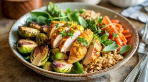 A Chicken & Farro Power Bowl filled with sliced grilled chicken breast, roasted Brussels sprouts, fresh spinach, shredded carrots, and cooked grains, garnished with herbs, sits on a wooden table with a fork and knife nearby.