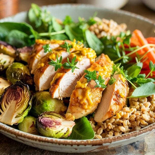 A Chicken & Farro Power Bowl filled with sliced grilled chicken breast, roasted Brussels sprouts, fresh spinach, shredded carrots, and cooked grains, garnished with herbs, sits on a wooden table with a fork and knife nearby.
