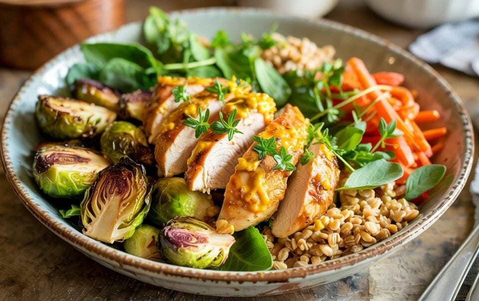 A Chicken & Farro Power Bowl filled with sliced grilled chicken breast, roasted Brussels sprouts, fresh spinach, shredded carrots, and cooked grains, garnished with herbs, sits on a wooden table with a fork and knife nearby.