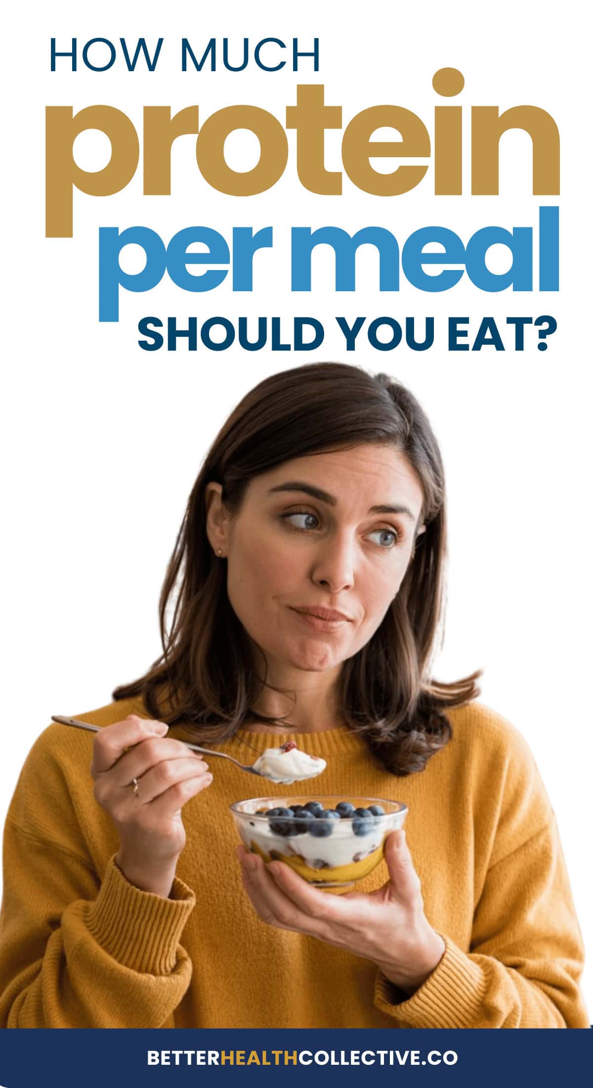 A woman in a mustard sweater holds a bowl of yogurt with blueberries and looks thoughtful. Text above asks, “How much protein should you eat per meal?” and the website “betterhealthcollective.co” appears below.