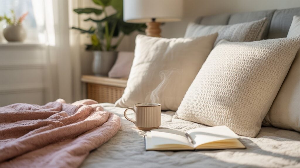 A cozy bed with textured cream pillows, a pink blanket, an open book, and a steaming mug creates the perfect retreat for mood changes. Soft natural light filters through a window, with green plants and a lamp on the bedside table.