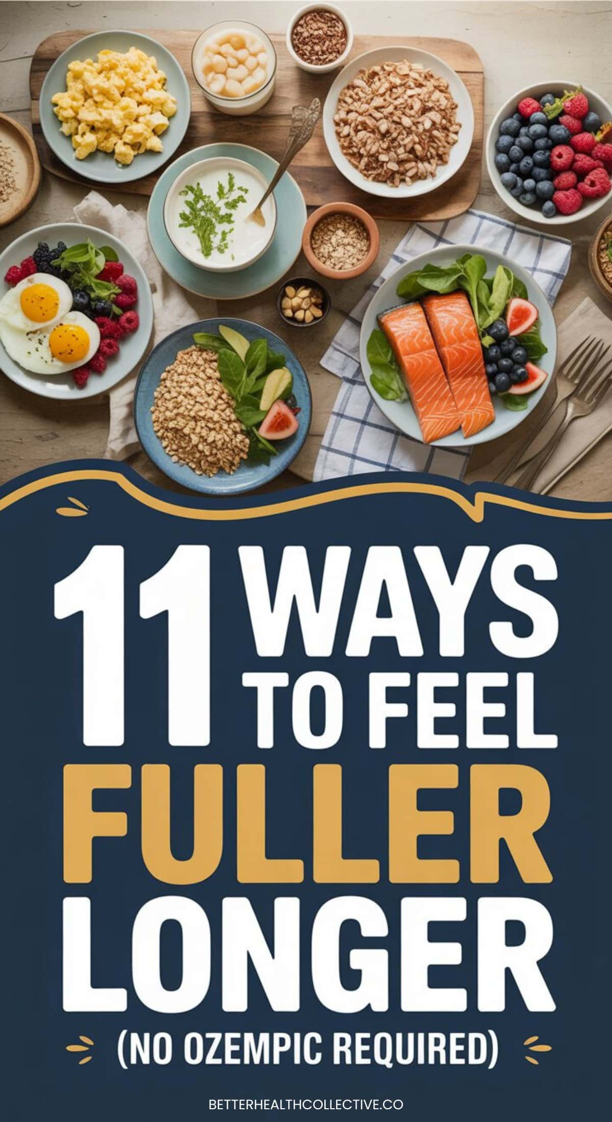 A variety of healthy foods, including eggs, salmon, nuts, berries, greens, and oatmeal, are arranged on a table above text that reads “11 Natural Ways to Feel Fuller Longer (No Ozempic Required).”.