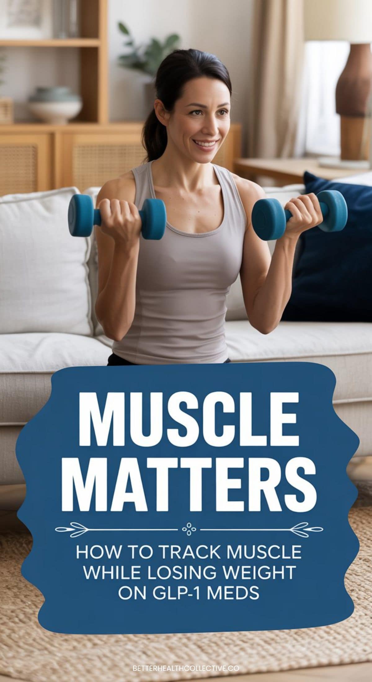 A woman sits on a couch lifting dumbbells and smiling. The text reads: Muscle Matters. Learn how to track muscle while losing weight on GLP-1 meds.