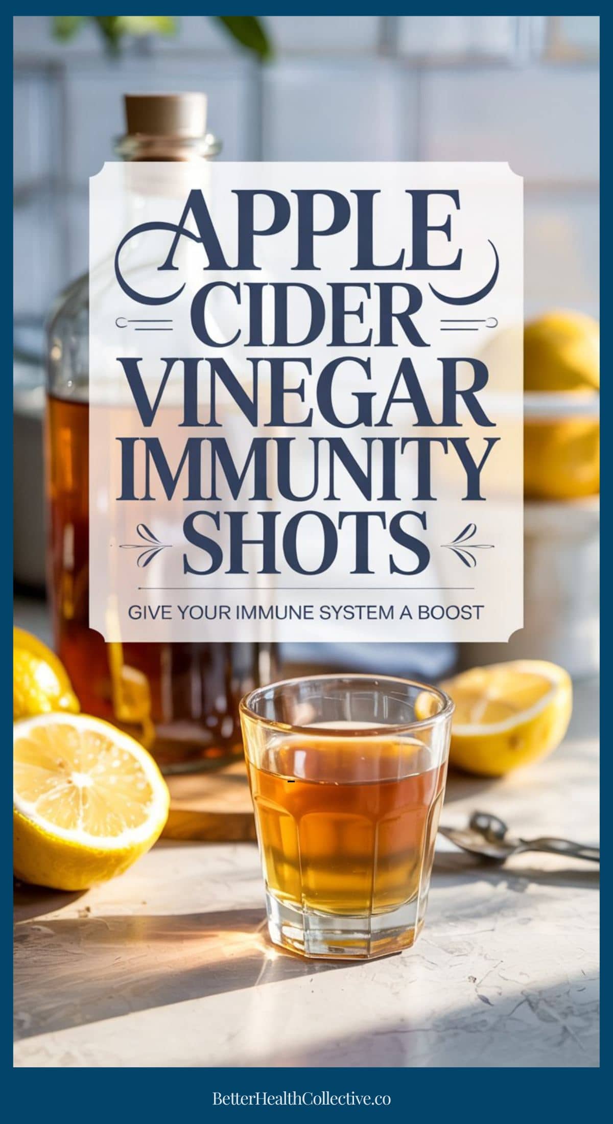 A glass of apple cider vinegar sits on a table next to lemon halves and a bottle, with text overlay: Apple cider vinegar immunity shots. Give your immune system a boost with these powerful apple cider vinegar immunity shots as sunlight streams in the background.