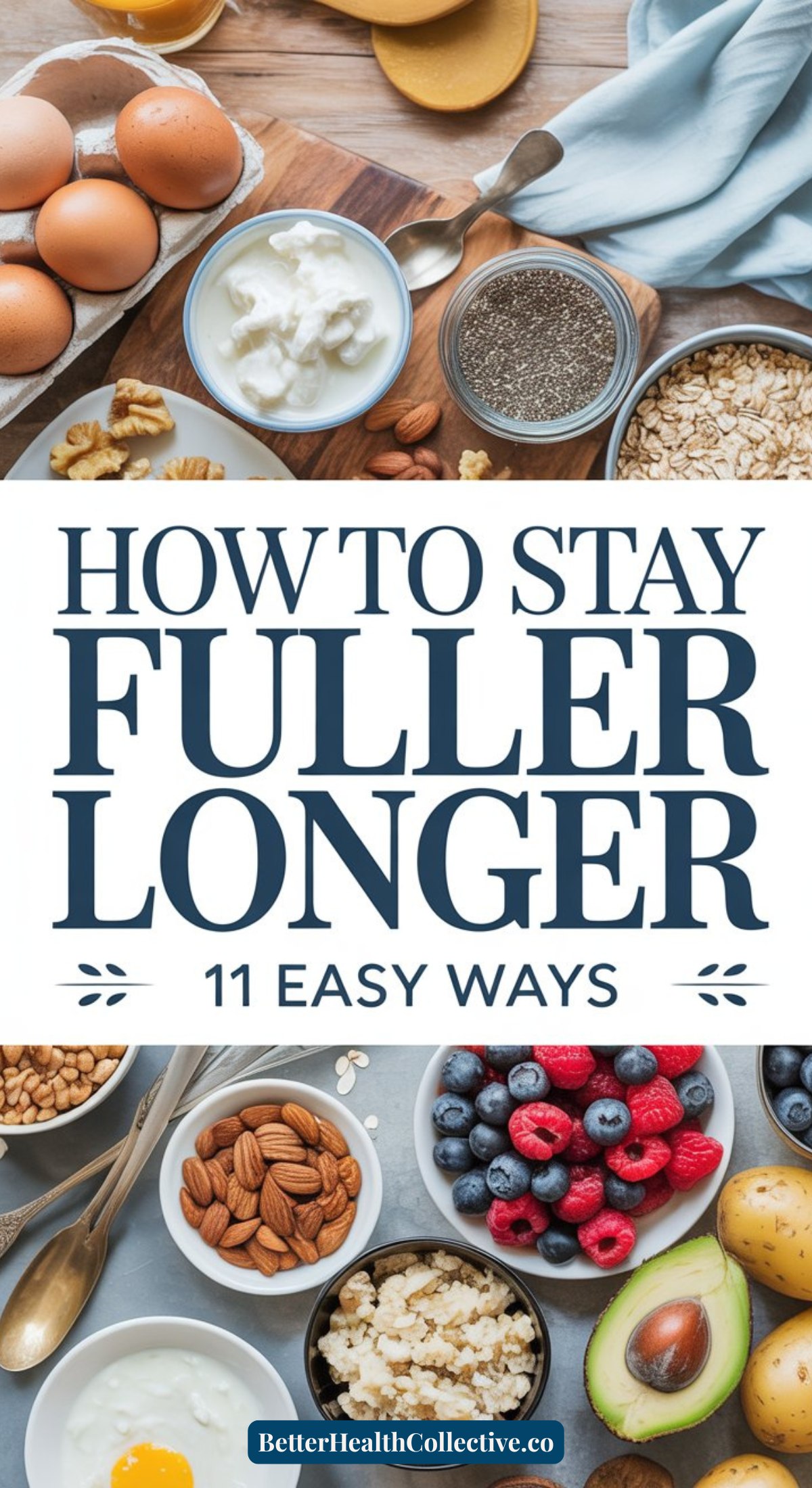 A flat lay of healthy foods like eggs, nuts, oats, cottage cheese, berries, and avocado, with the text “How to Stay Fuller Longer: 11 Easy Ways” in the center—discover natural ways to feel fuller backed by science.