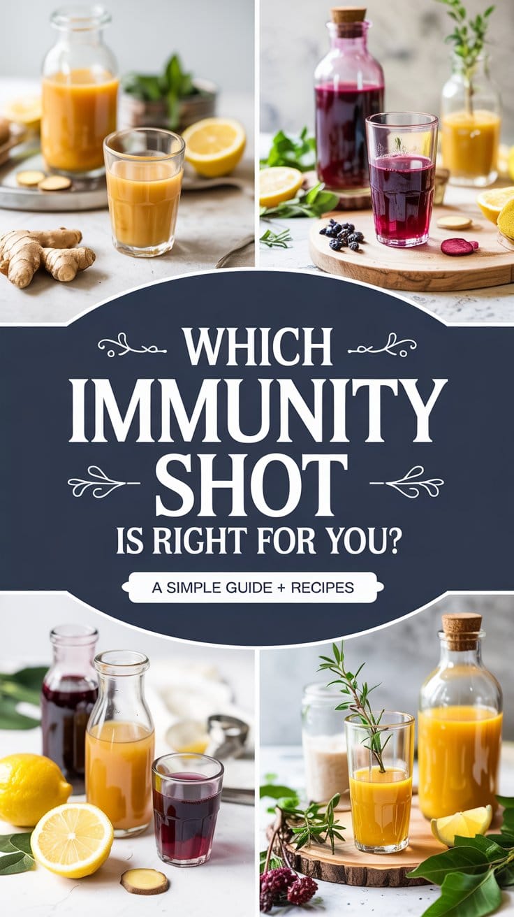 A collage displays vibrant immunity shots in glasses and bottles, surrounded by ginger, lemon, berries, and herbs. Central text reads: “Which Immunity Shot Is Right For You? A Simple Guide + Recipes.” Discover your perfect immunity shot!.