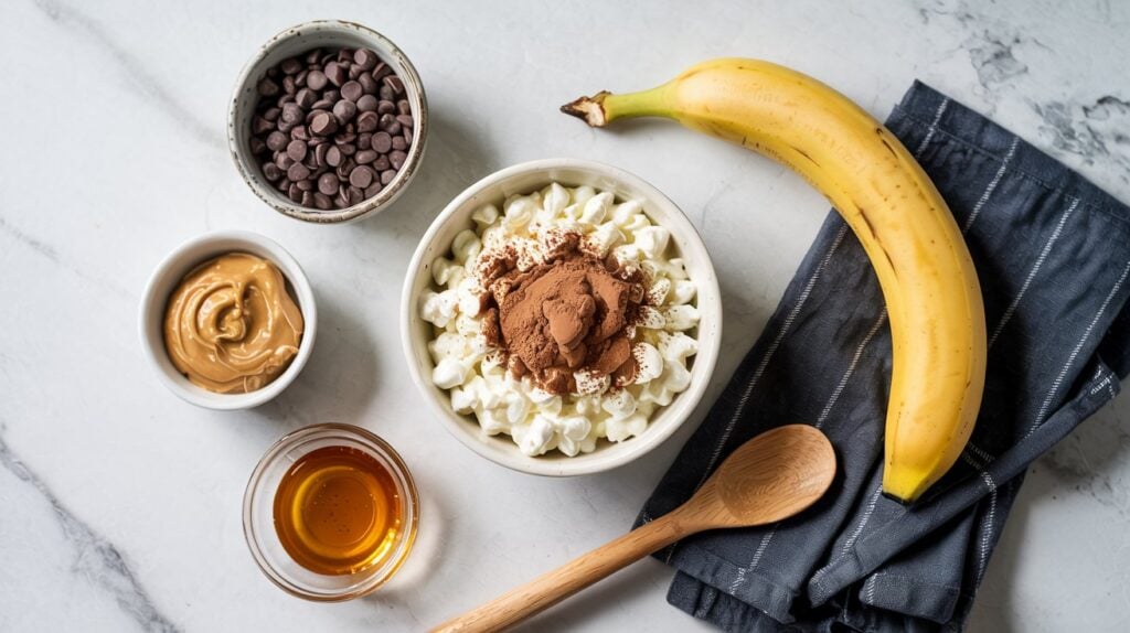 A Cottage Cheese Bowl topped with cocoa powder, surrounded by a banana, chocolate chips, peanut butter, and honey—this high-protein dessert is served with a wooden spoon and dark napkin on a marble surface.