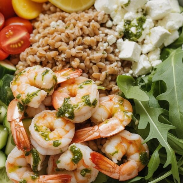 A colorful Farro Protein Bowl featuring lemon garlic shrimp with green sauce, cherry tomatoes, chopped cucumber, lemon slice, feta cheese, and fresh arugula arranged in sections for a high protein meal prep option.