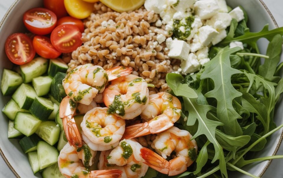 A colorful Farro Protein Bowl featuring lemon garlic shrimp with green sauce, cherry tomatoes, chopped cucumber, lemon slice, feta cheese, and fresh arugula arranged in sections for a high protein meal prep option.