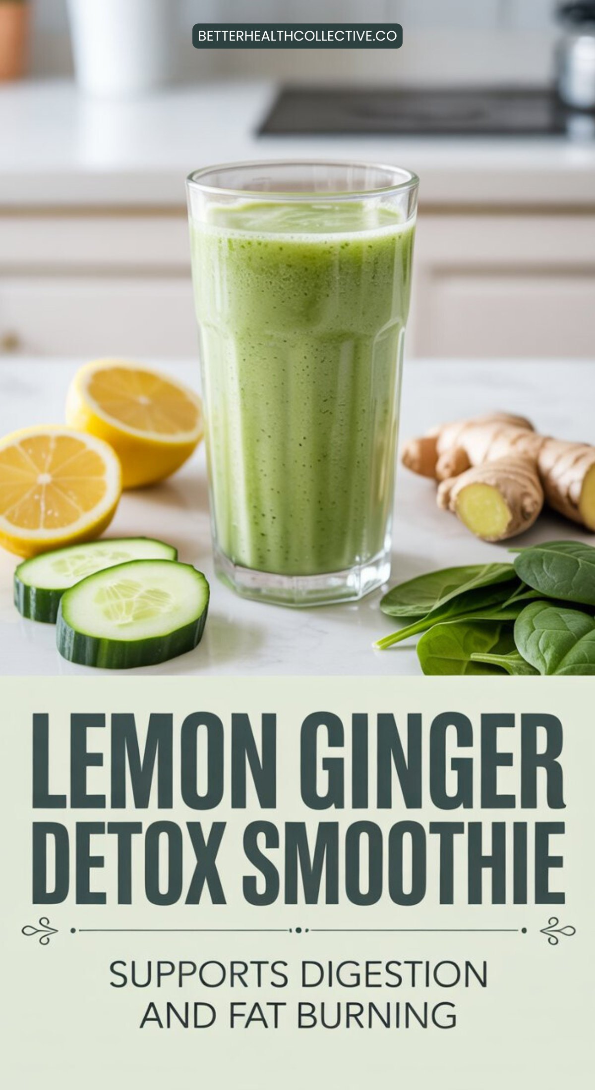 A glass of green smoothie sits on a counter, surrounded by spinach leaves, cucumber slices, lemon halves, and ginger roots. Text below reads: Lemon Ginger Detox Smoothie Supports Digestion and Fat Burning.