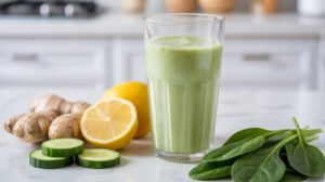A glass of green smoothie sits on a kitchen counter, surrounded by fresh spinach leaves, cucumber slices, a halved lemon, and pieces of ginger root. The background is a bright, modern kitchen.