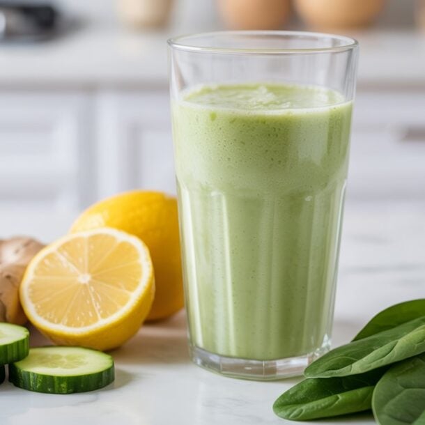 A glass of green smoothie sits on a kitchen counter, surrounded by fresh spinach leaves, cucumber slices, a halved lemon, and pieces of ginger root. The background is a bright, modern kitchen.