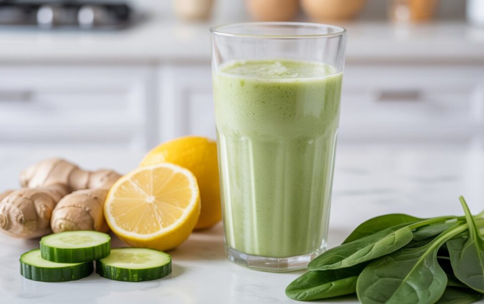 A glass of green smoothie sits on a kitchen counter, surrounded by fresh spinach leaves, cucumber slices, a halved lemon, and pieces of ginger root. The background is a bright, modern kitchen.