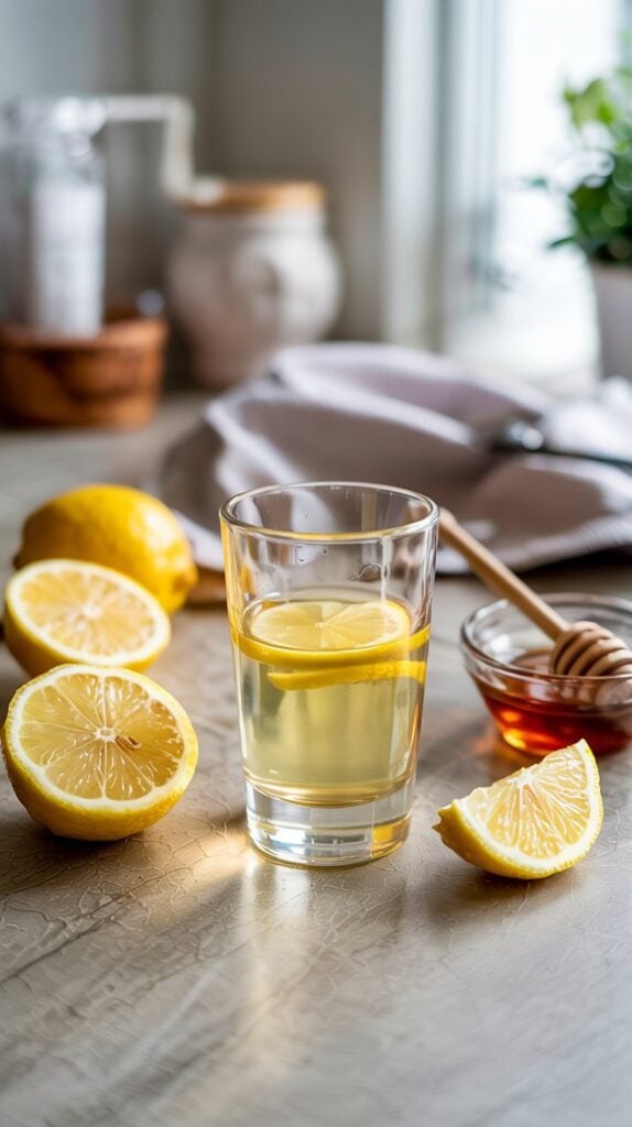 A glass of lemon water with a lemon slice, surrounded by halved lemons and a small bowl of honey with a dipper, sits on a kitchen counter—evoking the fresh simplicity of homemade immunity shots in soft, natural window light.