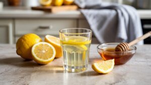 A glass of lemon water with lemon slices sits on a kitchen counter, next to fresh lemons, a small bowl of honey with a dipper—perfect ingredients for homemade Lemon Honey Immunity Shots—and a gray kitchen towel in the background.