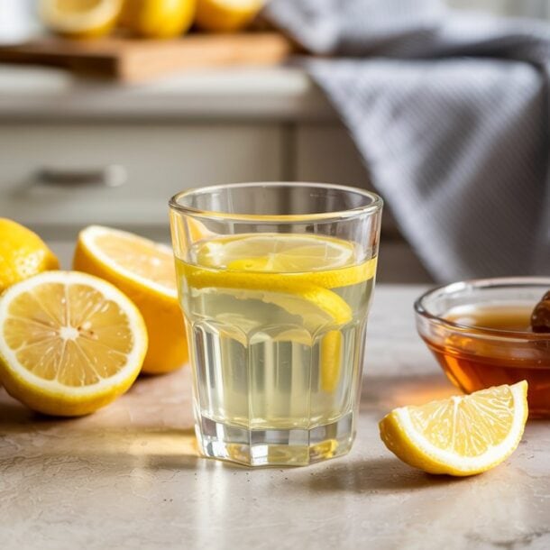 A glass of lemon water with lemon slices sits on a kitchen counter, next to fresh lemons, a small bowl of honey with a dipper—perfect ingredients for homemade Lemon Honey Immunity Shots—and a gray kitchen towel in the background.