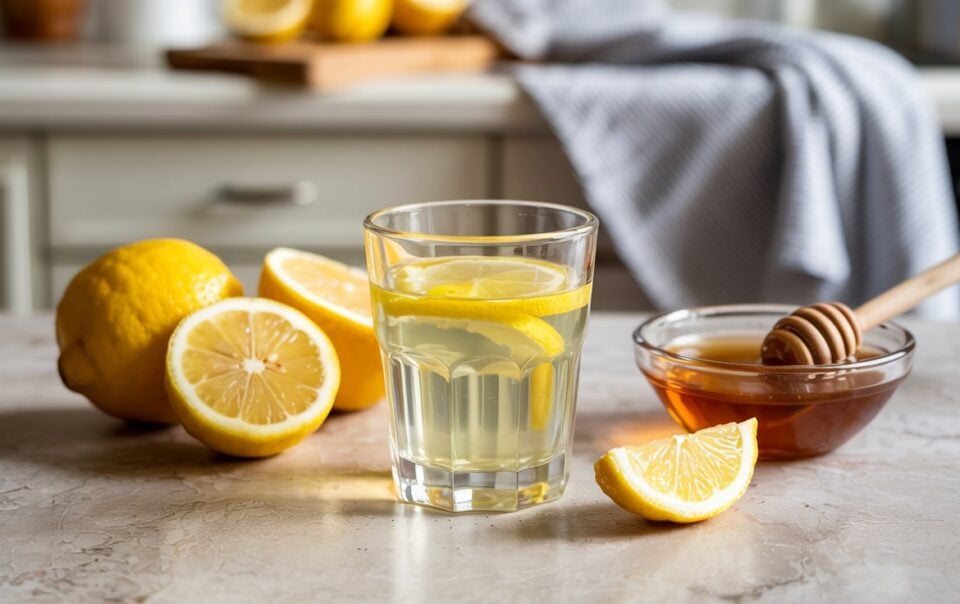 A glass of lemon water with lemon slices sits on a kitchen counter, next to fresh lemons, a small bowl of honey with a dipper—perfect ingredients for homemade Lemon Honey Immunity Shots—and a gray kitchen towel in the background.