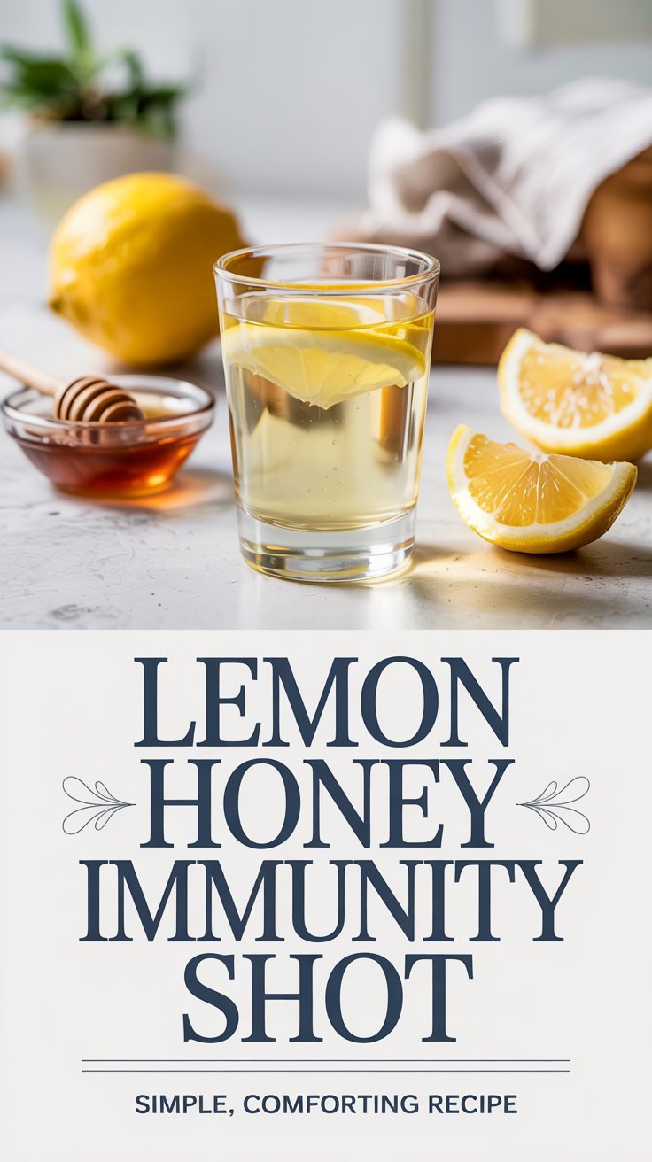 A glass with a lemon wedge and a light yellow drink sits next to lemon slices and a honey dipper in honey. Text below reads: Lemon Honey Immunity Shots. Simple, comforting recipe for boosting wellness.