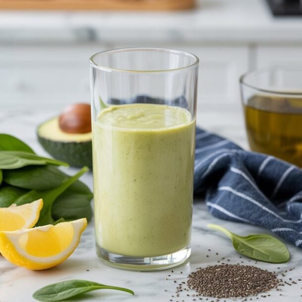 A glass of green smoothie on a marble counter, surrounded by fresh spinach leaves, lemon wedges, half an avocado, chia seeds, and a cup of tea in a clear mug. A blue striped cloth is also nearby.