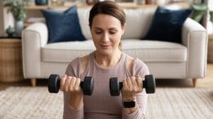 A woman wearing a long-sleeve workout top sits indoors in front of a sofa, holding dumbbells and performing bicep curls. She looks focused, using her smartwatch to track muscle while losing weight.